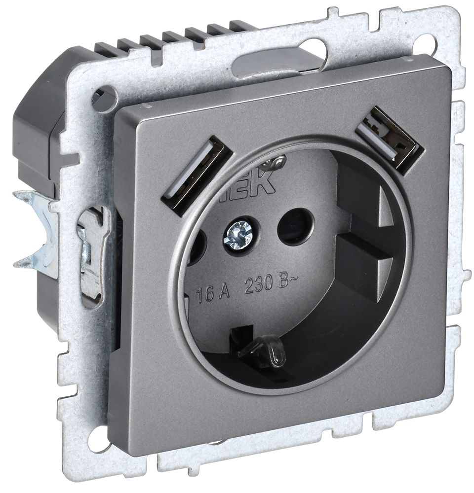 IEK BRITE BASE Сталь Розетка с з/к/ш 16А с USB A+A 3,1А РЮш10-2-БрС фото