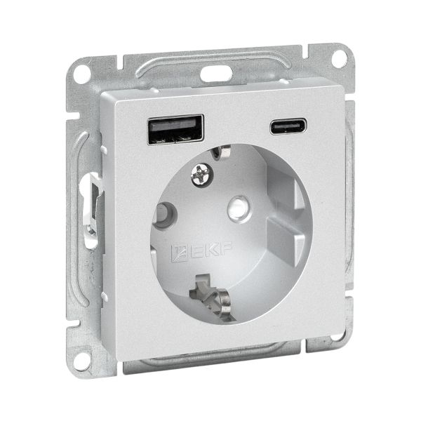 EKF Механизм розетки с USB-A+С - 2шт, 16А, с заземлением, со шторками, алюминий Эпика фото