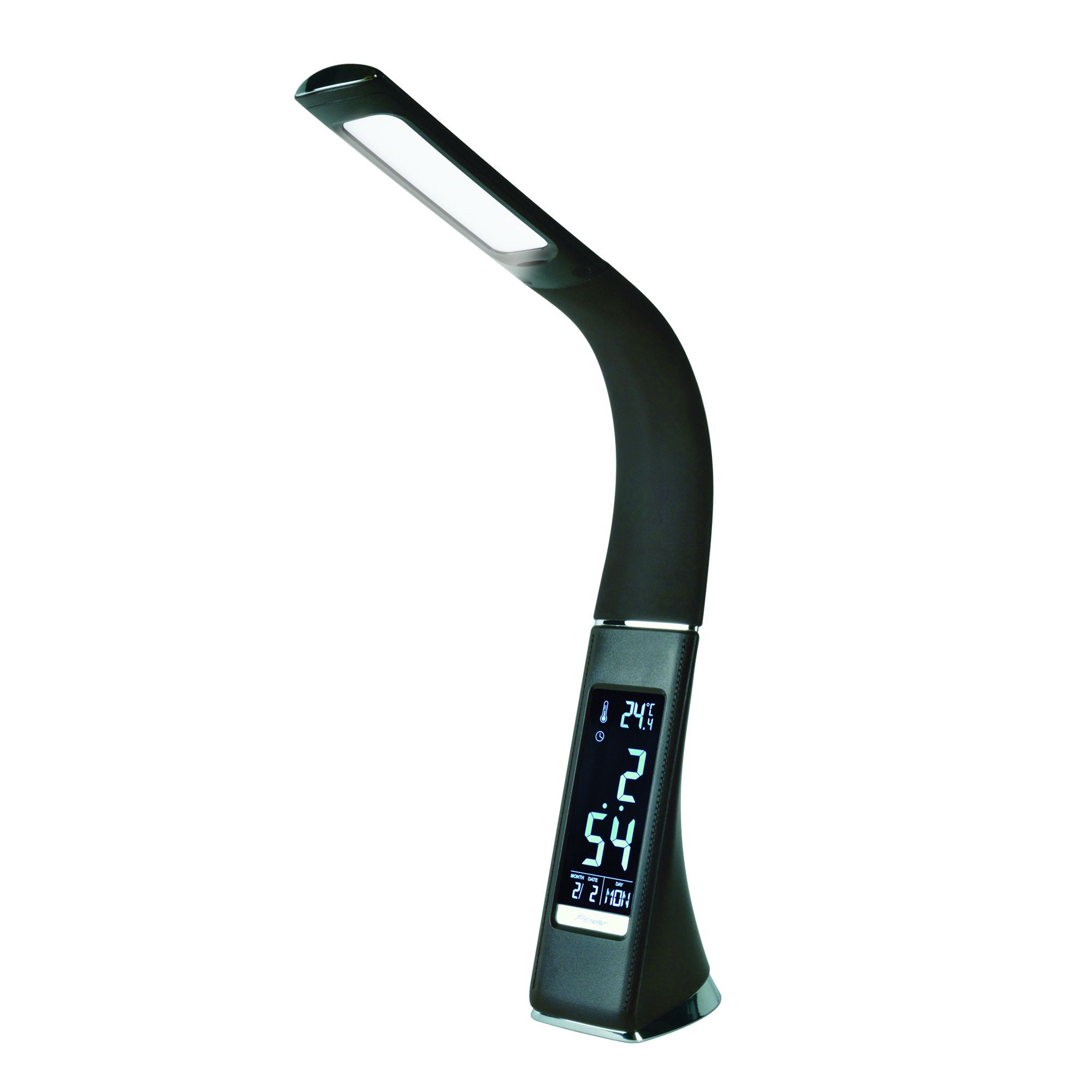 Uniel TLD-542 Black/LED/300Lm/5000K/Dimmer Светильник настольный c часами, календарем, термометром, 5W. Сенсорный выключатель. Черный (стилизован под фото