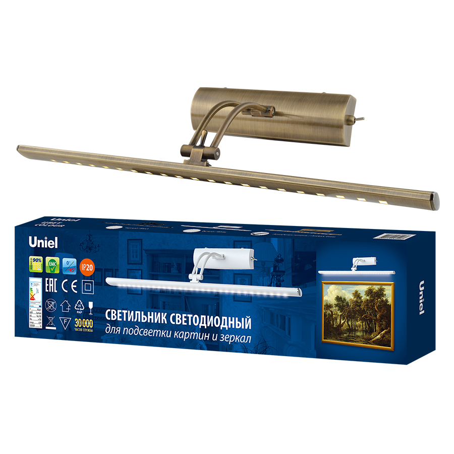 Uniel ULT-F34-7W/4000K IP20 ANTIQUE BRASS Светильник светодиодный для подсветки картин и зеркал. 600Lm. Механический выключатель. Античная латунь фото