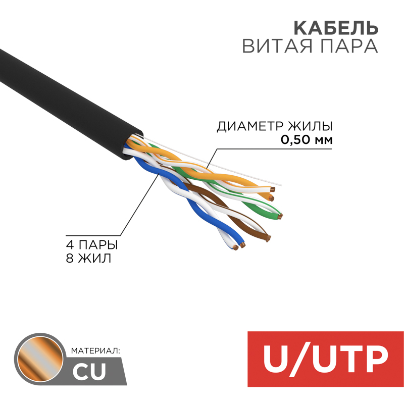 Кабель витая пара U/UTP, CAT 5e, PE, 4PR, 24AWG, OUTDOOR, SOLID, черный, 305м, REXANT. фото