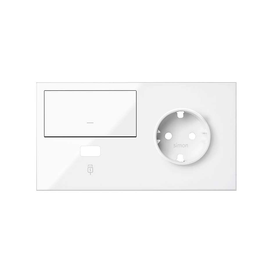 Simon 100 Белый глянец Кит 2 поста, фронт. Накладка на 1 розетку Schuko (справа) + 1 з/у USB SC + 1 клавиша выключателя фото