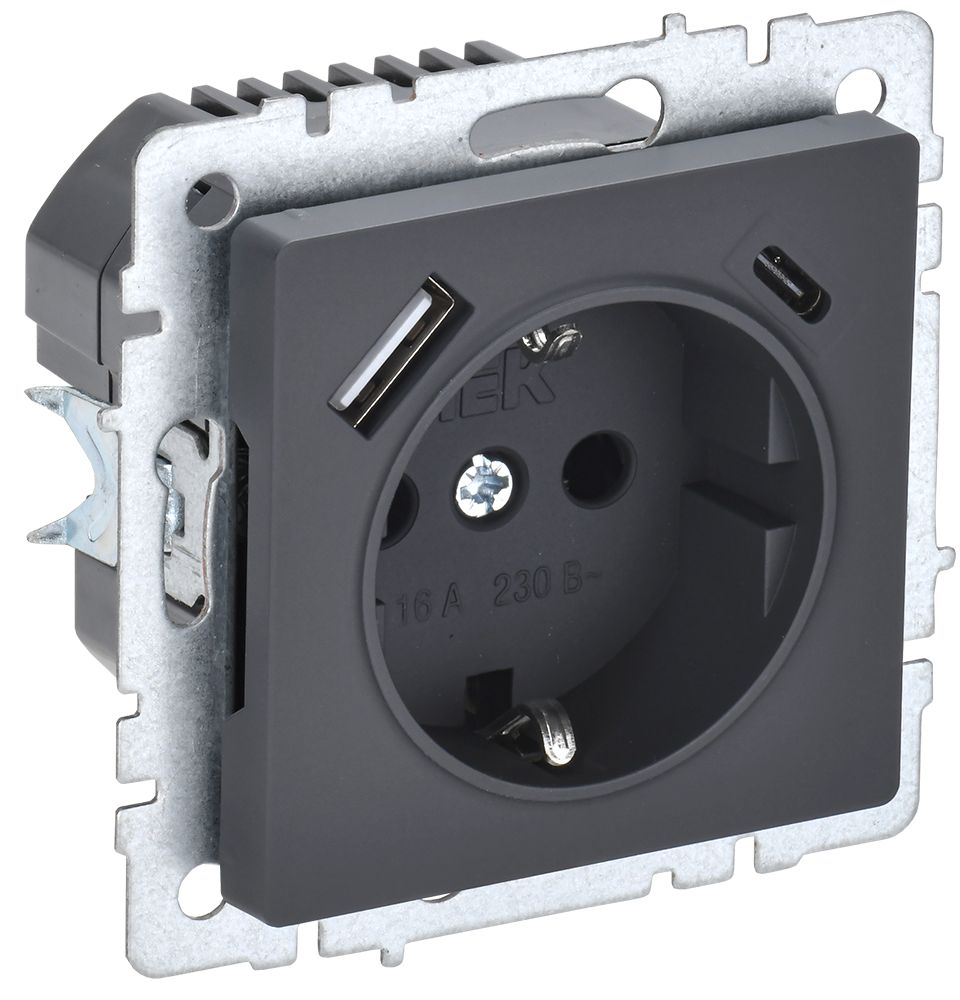 IEK BRITE BASE Графит Розетка с з/к/ш 16А с USB A+C 18Вт РЮш11-1-БрГ фото