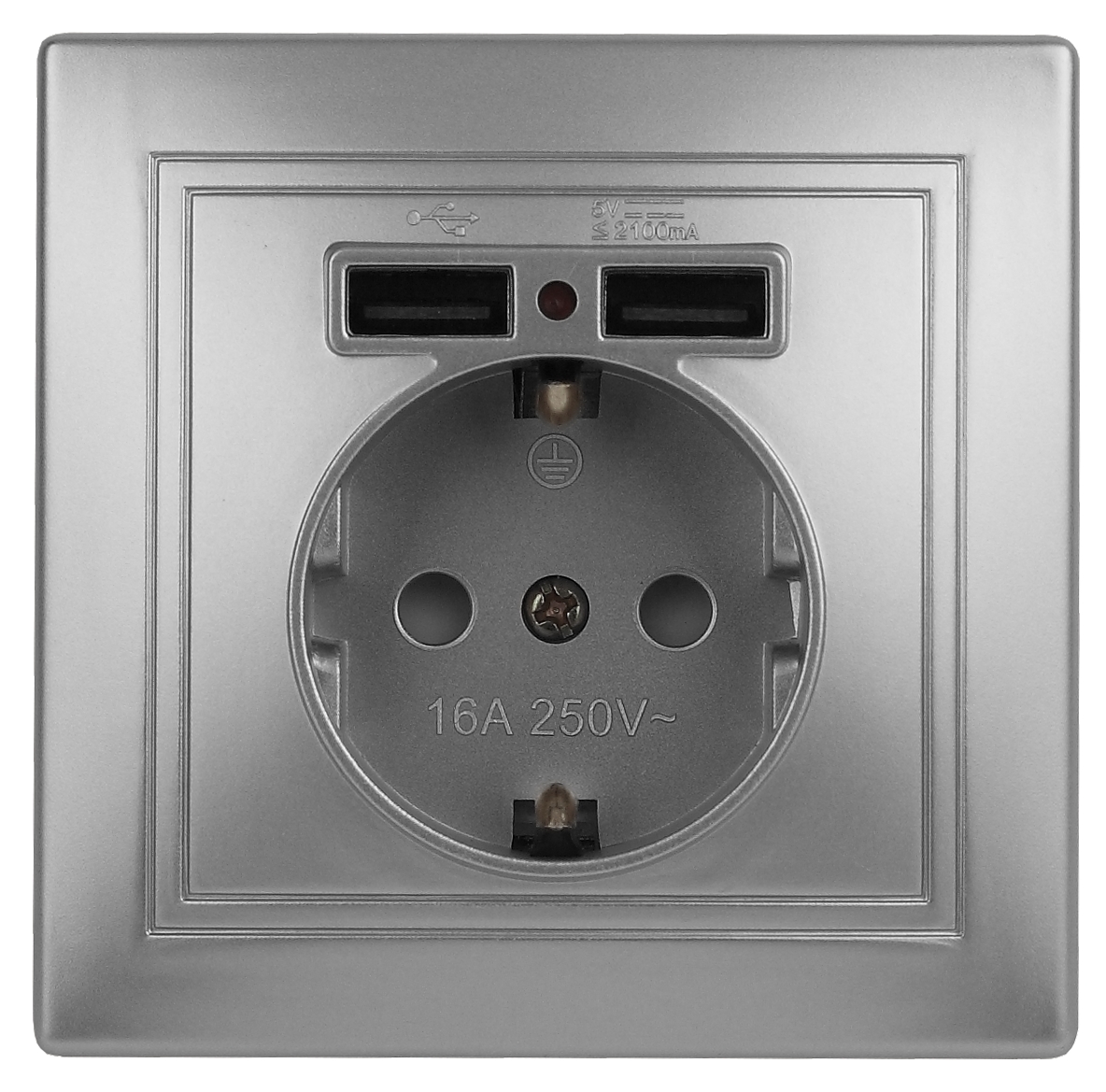 Intro Розетка Plano 1-410-03 с заземлением 2P+E Schuko со шторками, 16А-250В + 2хUSB 5В-2,1А, IP20, СУ, алюминий фото