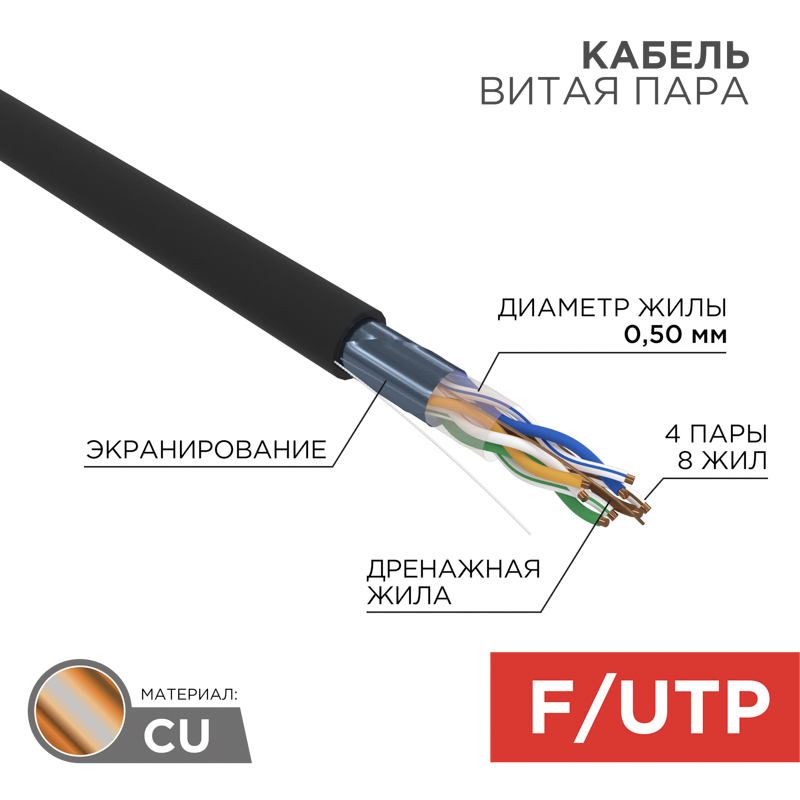 Кабель витая пара F/UTP, категория 5e, ZH нг(А)-HF, 4PR, 24AWG, внешний, черный, 305 м Rexant. фото