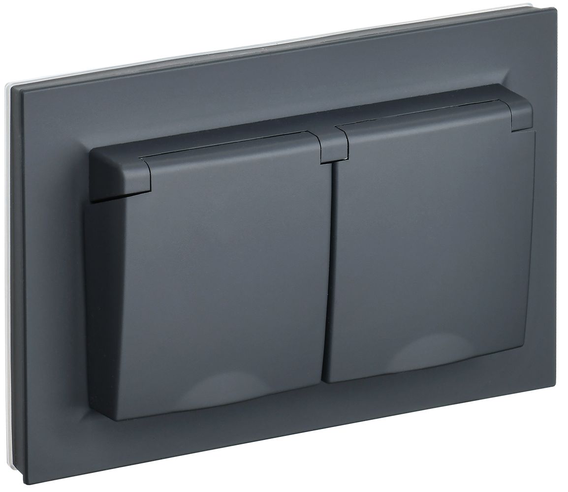 IEK BRITE Графит Розетка 2-я с крыш 16А в сборе IP44 РСбш12-3-44-БрГ фото