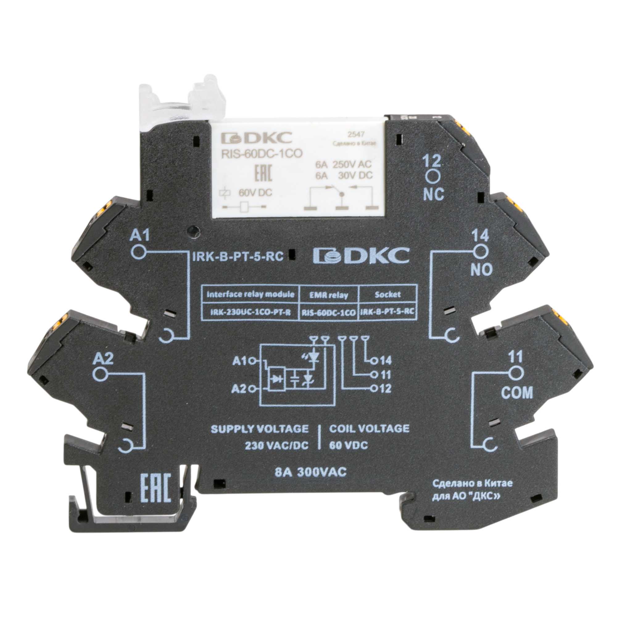 Реле интерфейсное, 1CO, ком. ток 6А, AgSnO₂, напряжение 230V AC/DC, RC- цепь, push-in клеммы. фото