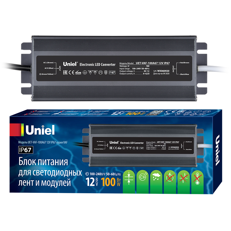 Uniel UET-VAF-100A67 12V IP67 Блок питания ультратонкий. 100Вт. Металлический корпус. фото