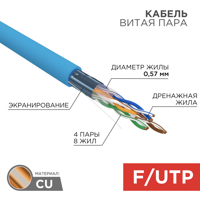 Кабель FTP 4PR 23AWG CAT6 305м Rexant. фото