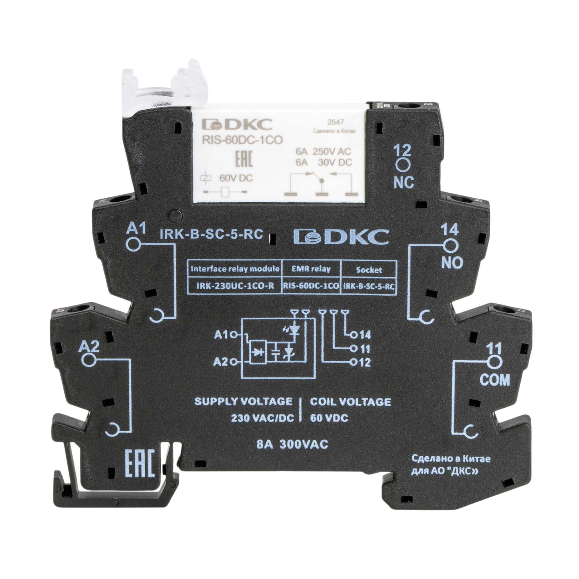 Реле интерфейсное, 1CO, ком. ток 6А, AgSnO₂, напряжение 230V AC/DC, RC- цепь, винтовые клеммы. фото