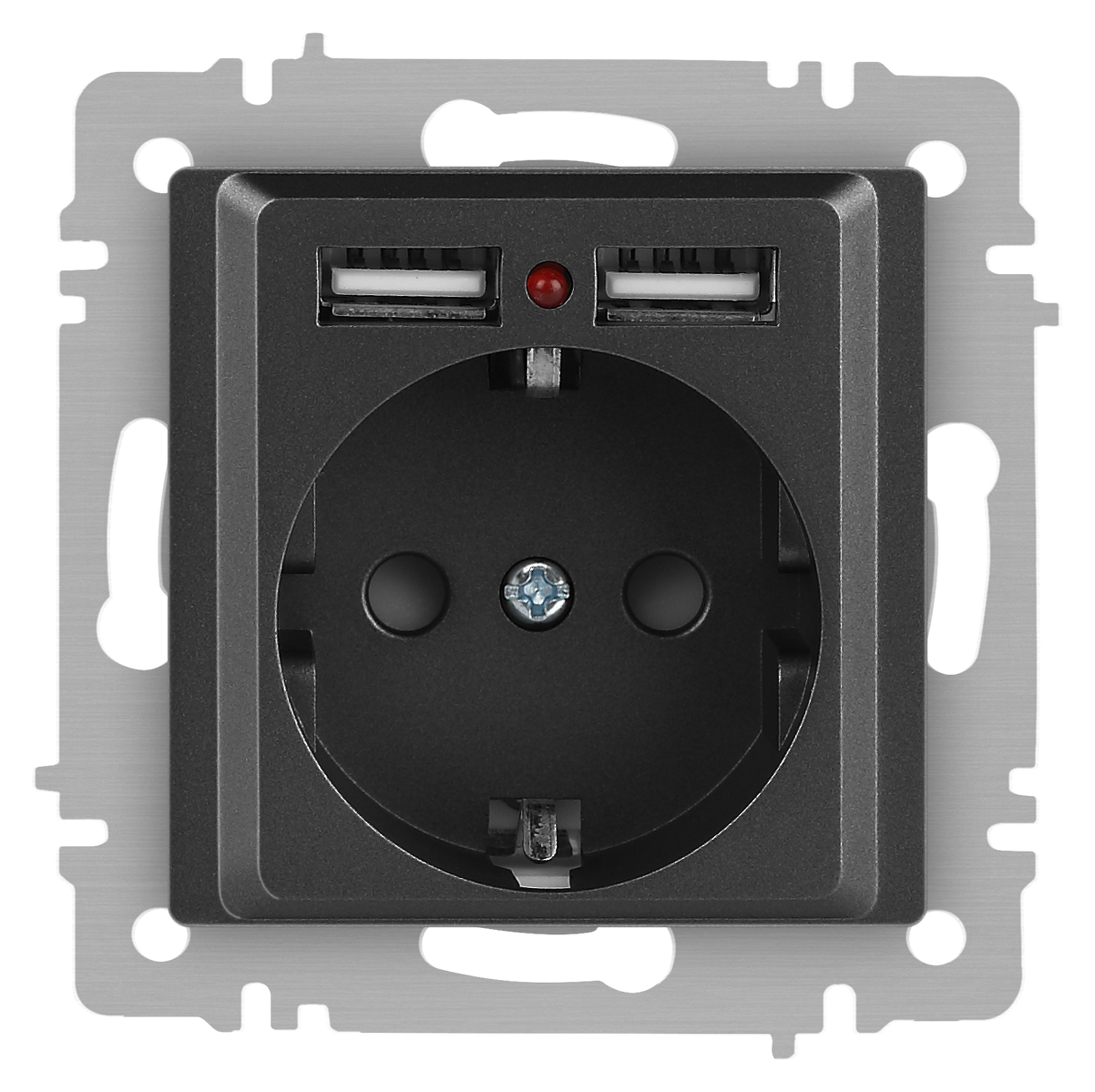 Розетка Intro Accent 6-410-07 с заземлением 2P+E Schuko со шторками 16А-250В + 2хUSB IP20 СУ графит фото