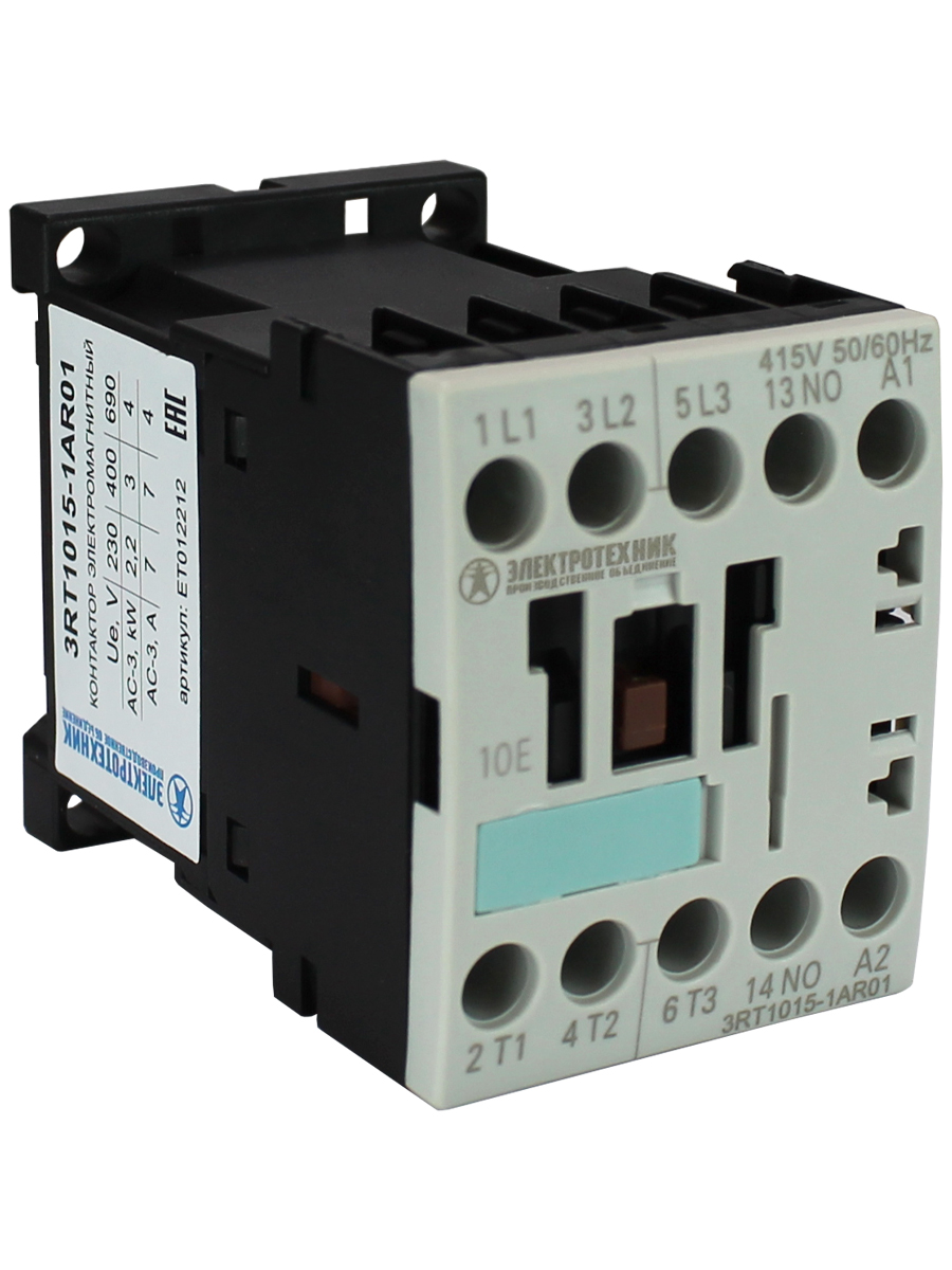 Электротехник 3RT1015-1AR01, 3-пол., 7А, AC-3, 3кВт/400V, 1НО, 415V АС, 50/60Гц, типоразмер S00, винтовые клеммы, IP20, контактор электромагнитный  (Э фото