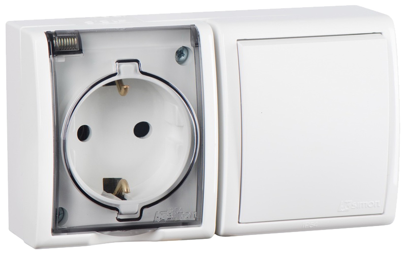 Simon 15 Aqua Белый Блок: Розетка 2P+E Schuko 16А 250В + выключатель 10А 250В, IP54 фото