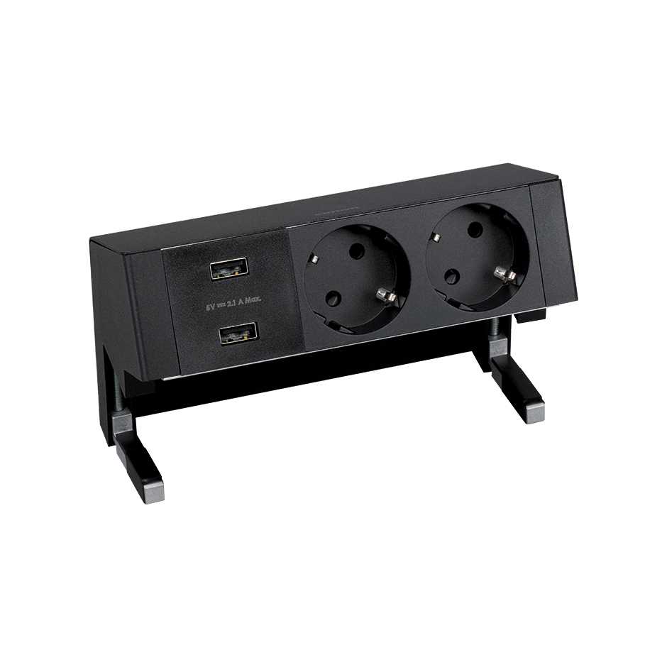 Simon 400 Настольный x3 розеточный блок, 2x2P+E, 2xUSB з/у, черный, фото