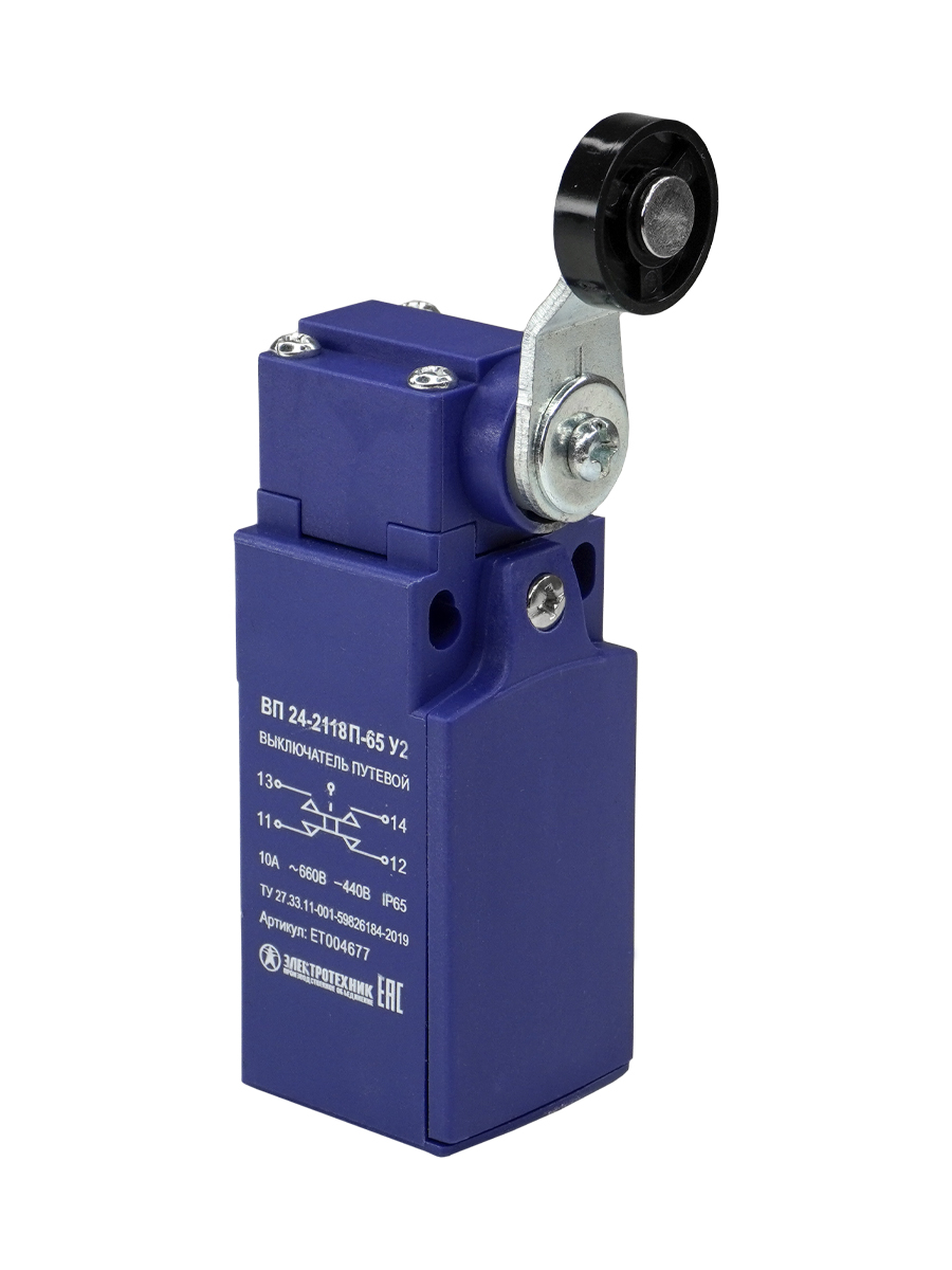 Электротехник ВП 24-2118П-65 У2, рычаг с пластиковым роликом, 1з+1р, мгновенный, 20 мм, без сальника, 3А, IP65, выключатель путевой  (ЭТ) фото
