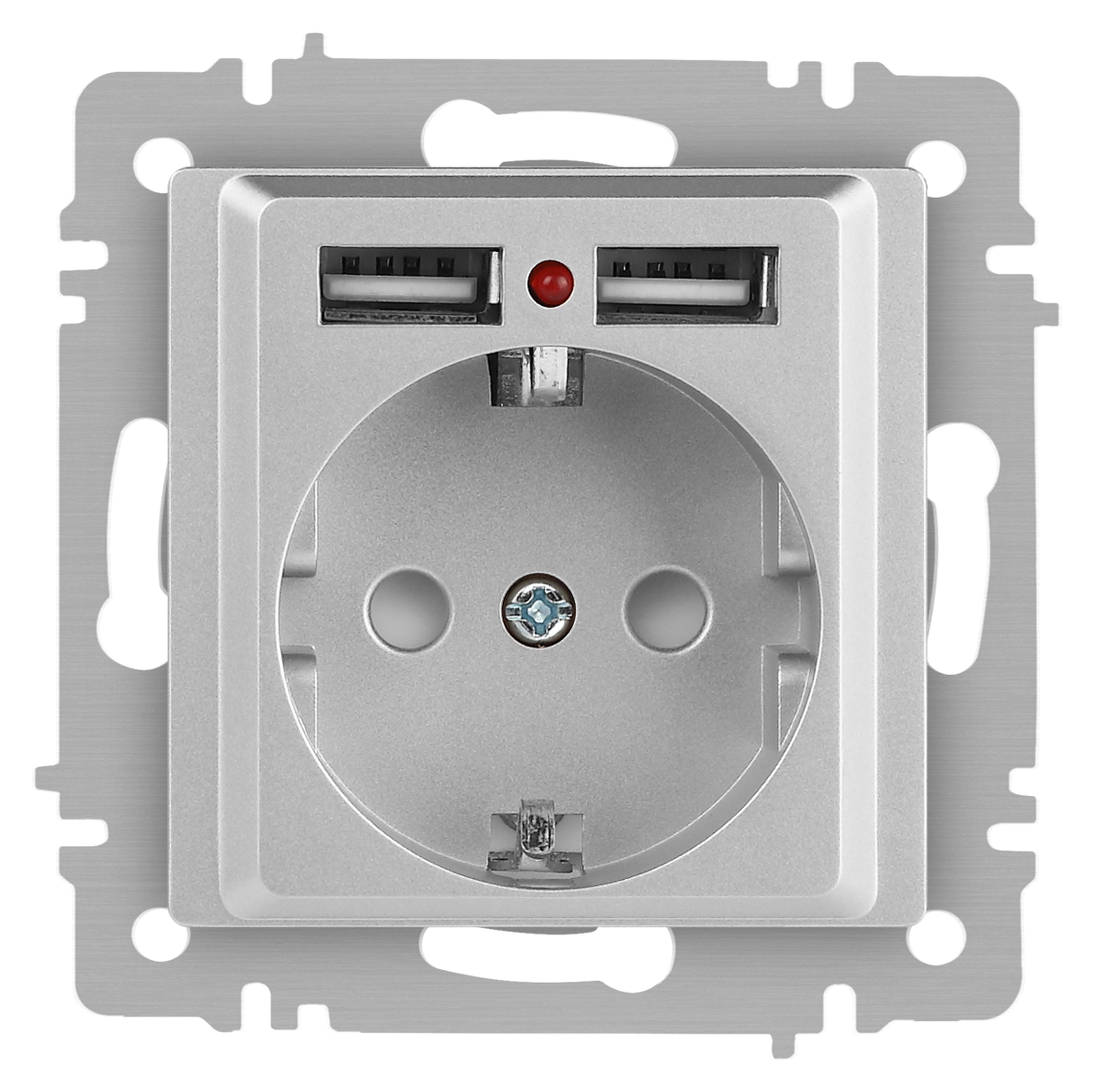 Розетка Intro Accent 6-410-03 с заземлением 2P+E Schuko со шторками 16А-250В + 2хUSB IP20 СУ алюминий фото