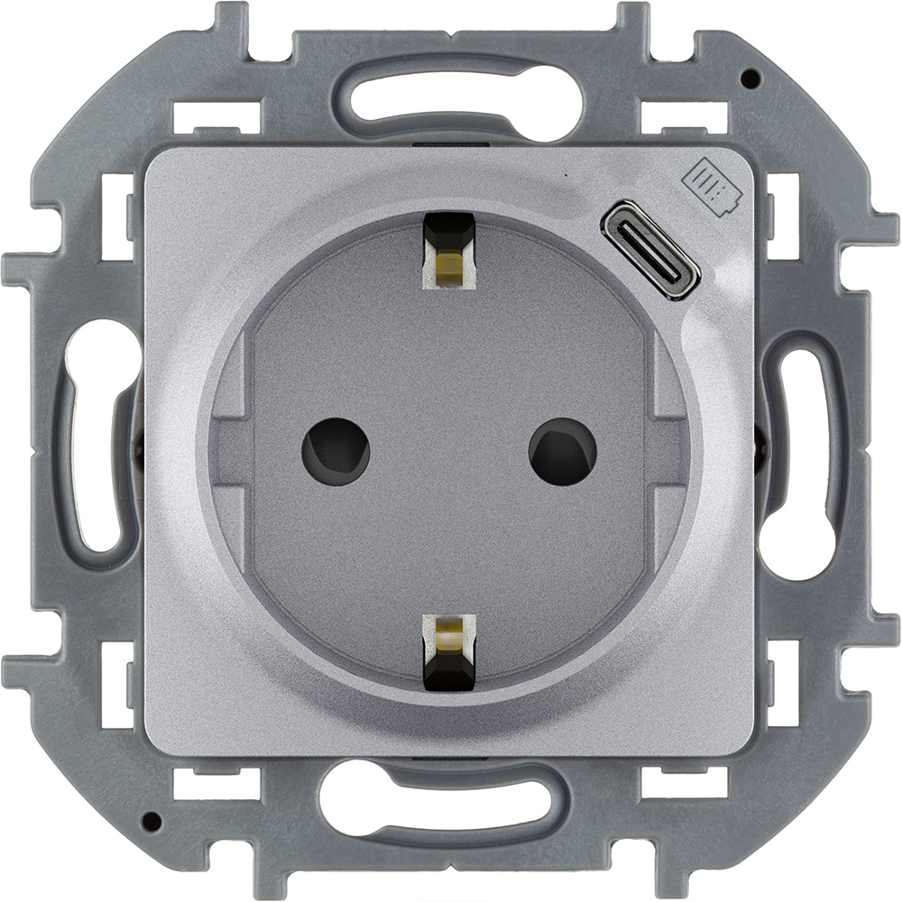 Legrand/Daccord INSPIRIA Алюминий Розетка 2К+З немецкий стандарт 16А 250В со встроенным зарядным устройством USB C 1.5А 5В. фото
