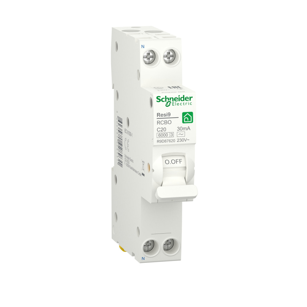 Schneider Electric RESI9 Автоматический выключатель дифференциального тока (ДИФ) 1P+N С 20А 6000A 30мА 18mm тип AC фото