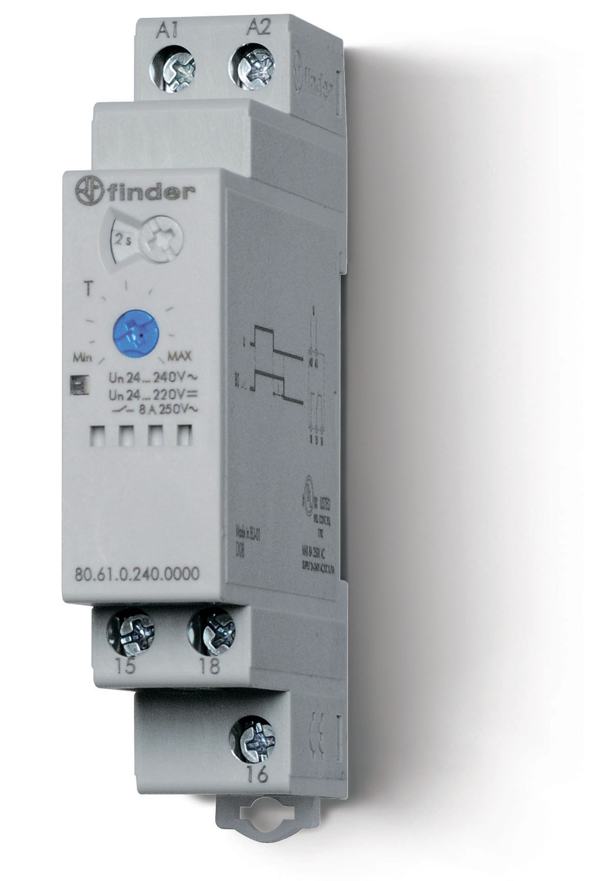 Finder Модульный таймер 1-функциональный (ВI); питание 24…240В АС/DC; 1CO 8A; ширина 17.5мм; регулировка времени 0.05с…180c; степень защиты IP20 фото