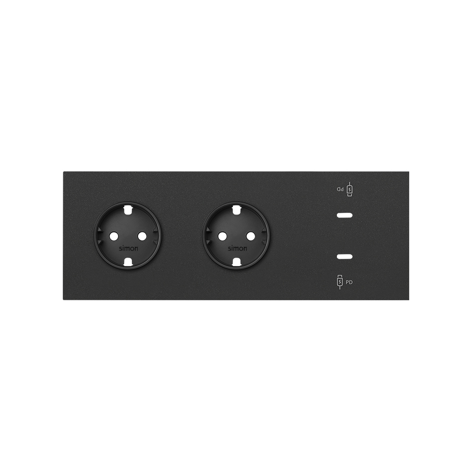 Simon 100 Черный матовый Кит 3 поста, фронт. Накладка на 2 роз.Schuko + 2 з/у USB C фото