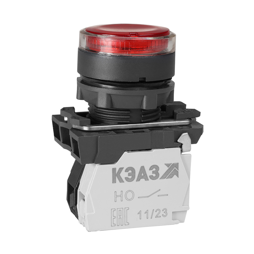 КЭАЗ Кнопка КМЕ4622мЛ-24В-красный-2но+2нз-цилиндр-индикатор-IP65. фото