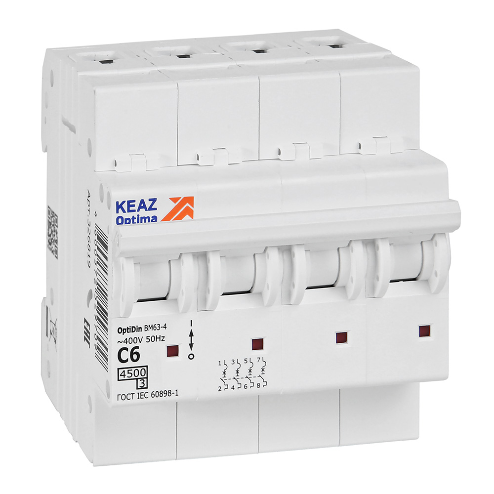КЭАЗ OptiDin BM63 Автоматический выключатель 4P 6А C 4,5кА AC (BM63-4C6-4,5-УХЛ3). фото