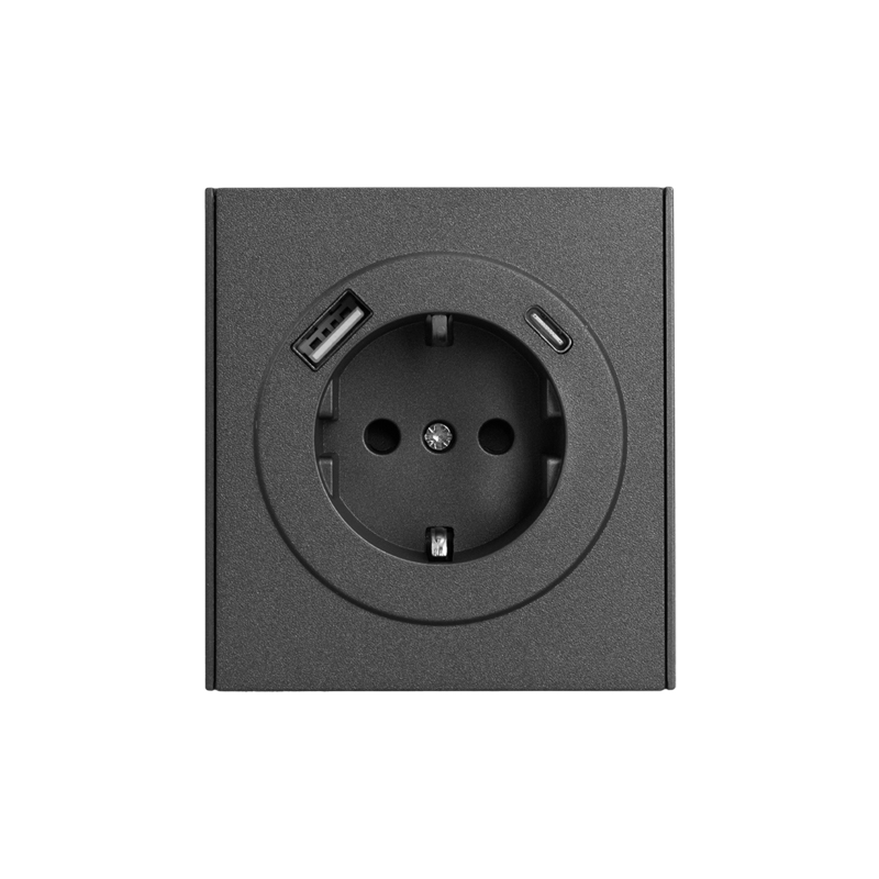 KRANZ STRONG Розетка 1-ая с/з с/у з/ш 16А с USB A+C быстрой зарядки 5В/3А графит, с 1-пост. рамкой фото