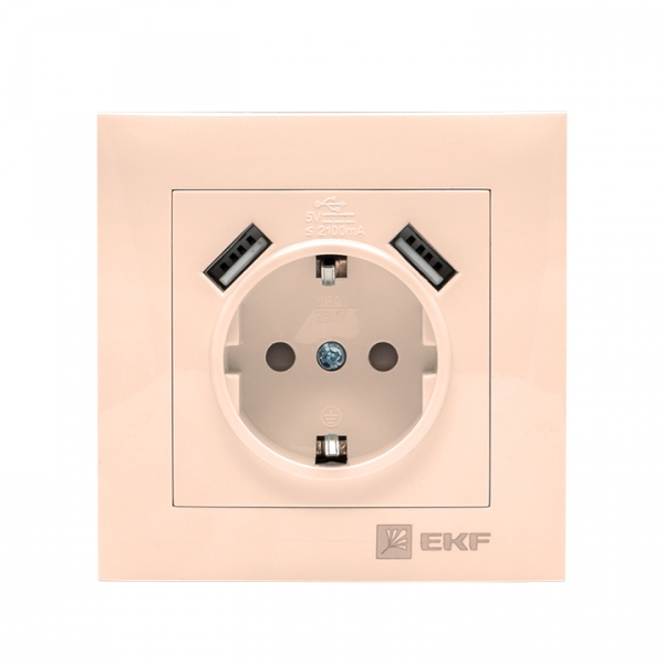 EKF Валенсия розетка 1-местная с/з 16А кремовая с защ. штор. с 2 USB 2,1А фото