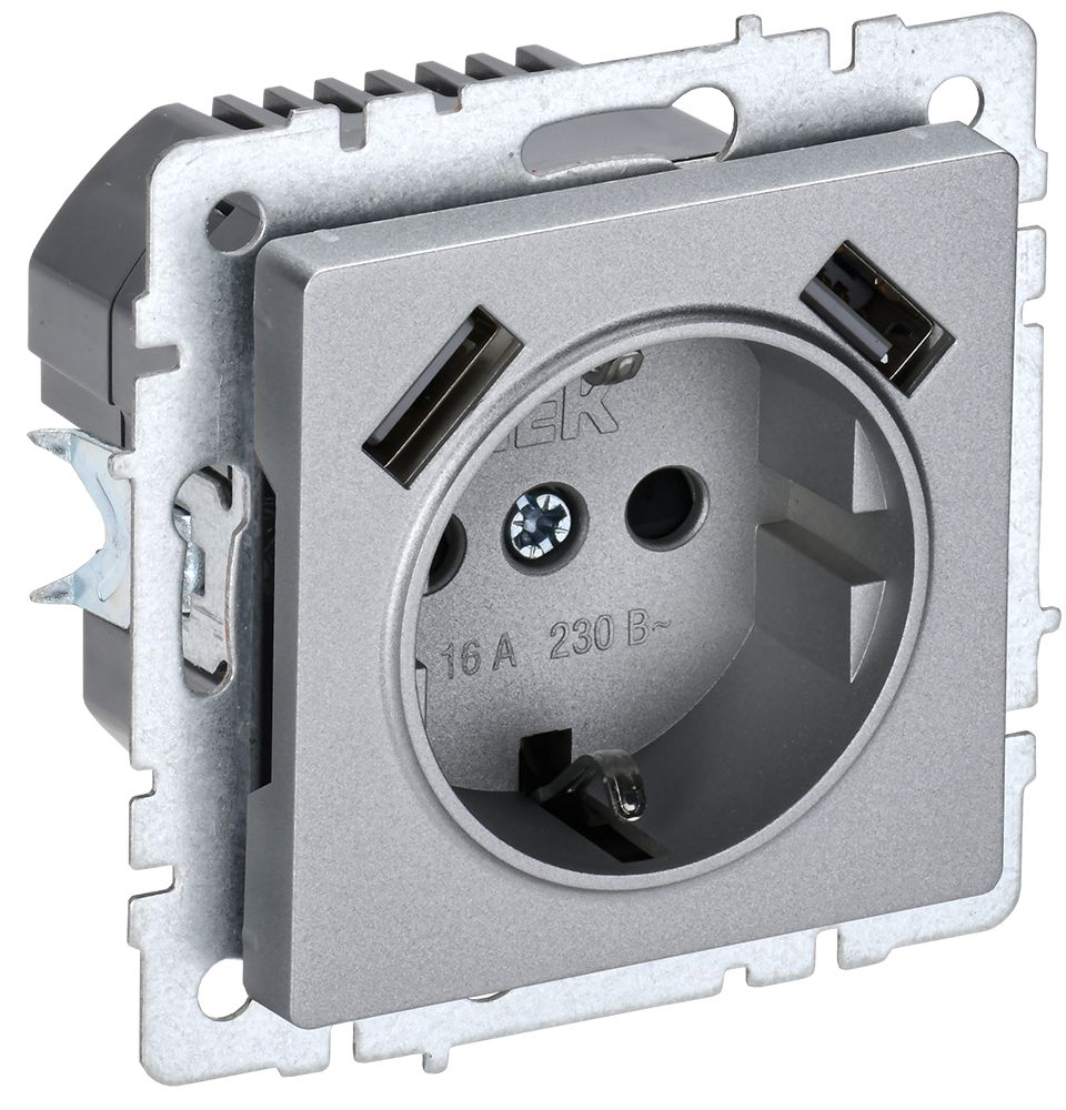 IEK BRITE BASE Алюминий Розетка с з/к/ш 16А с USB A+A 3,1А РЮш10-2-БрА фото