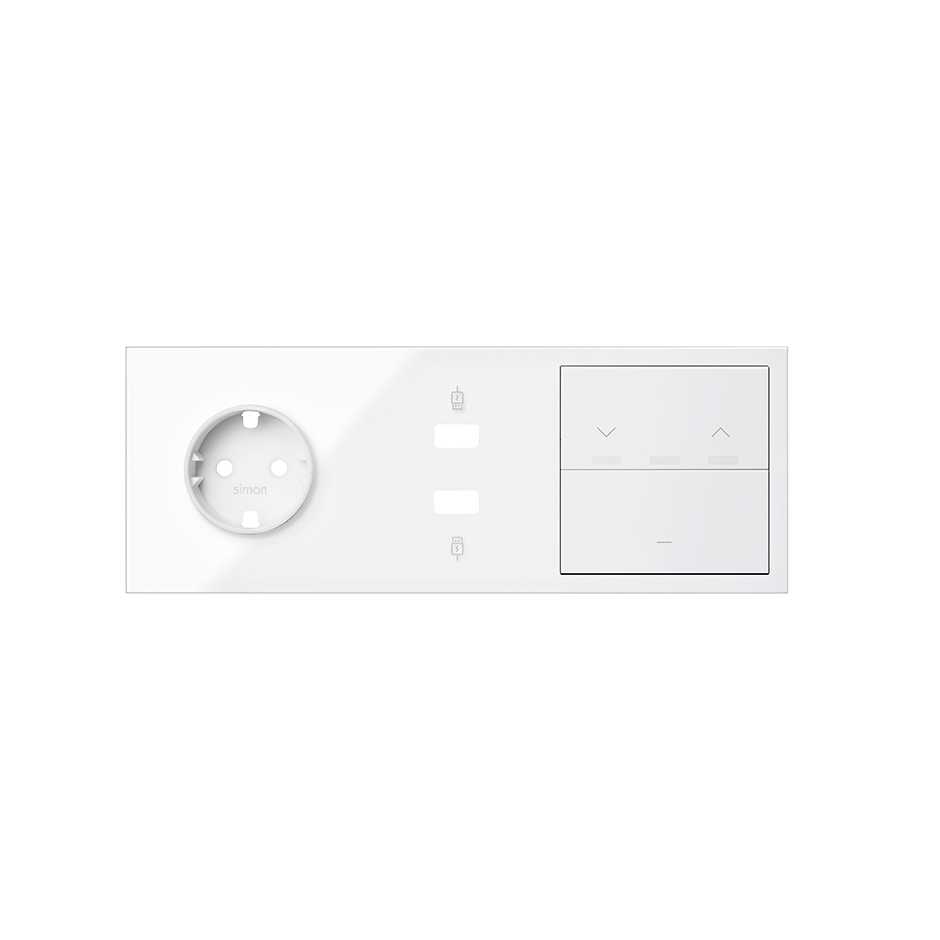 Simon 100 Белый глянец Кит 3 поста, фронт. Накладка на 1 розетку Schuko + 1 з/у 2xUSB + 1 клавиша выключателя + 1 клавиша жалюзи фото