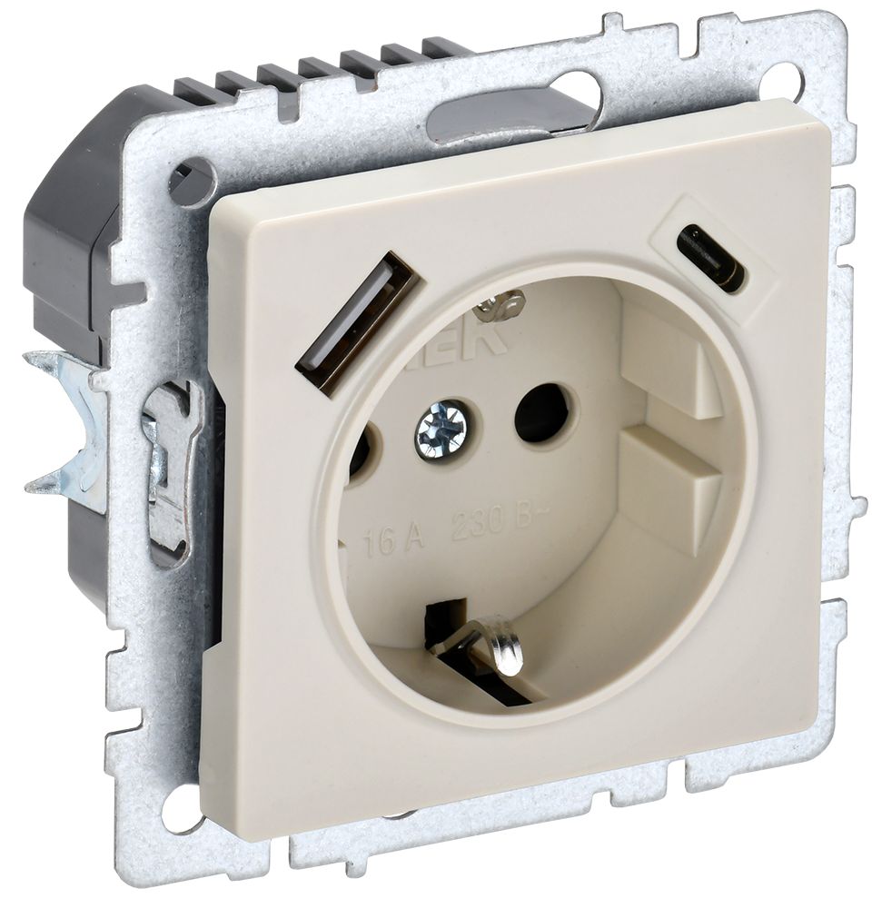 IEK BRITE BASE Бежевый Розетка с з/к/ш 16А с USB A+C 18Вт РЮш11-1-БрКр фото