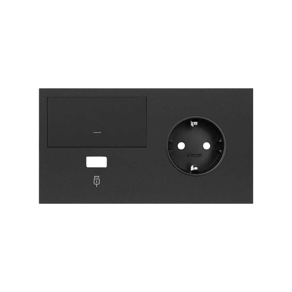 Simon 100 Черный матовый Кит 2 поста, фронт. Накладка на 1 розетку Schuko (справа) + 1 з/у USB SC + 1 клавиша выключателя фото