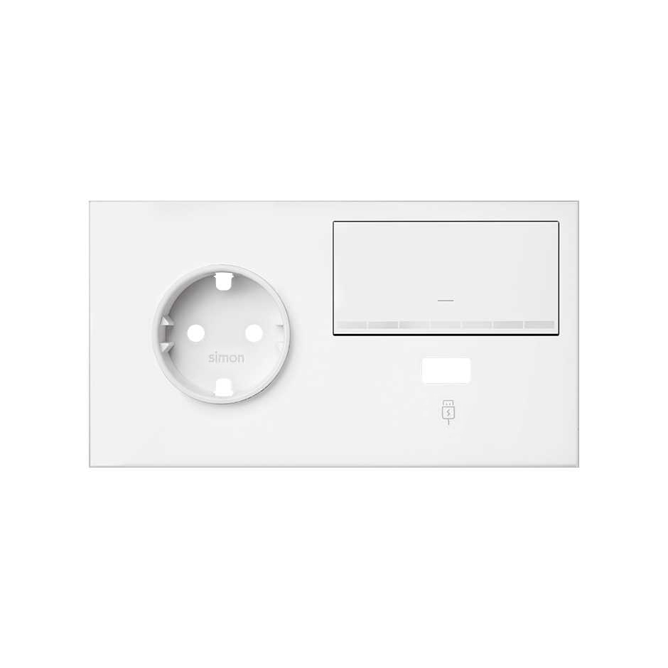 Simon 100 Белый матовый Кит 2 поста, фронт. Накладка на 1 розетку Schuko (слева) + 1 з/у USB SC + 1 клавиша светорегулятора фото