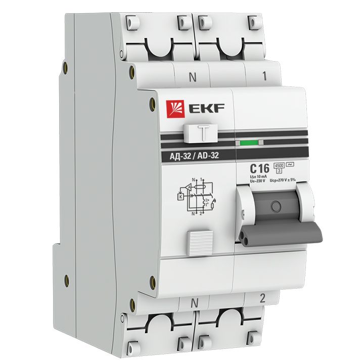 EKF Автоматический выключатель дифференциального тока АД-32 1P+N 16А характеристика C 10мА тип АС электронный 4,5кА PROXIMA фото