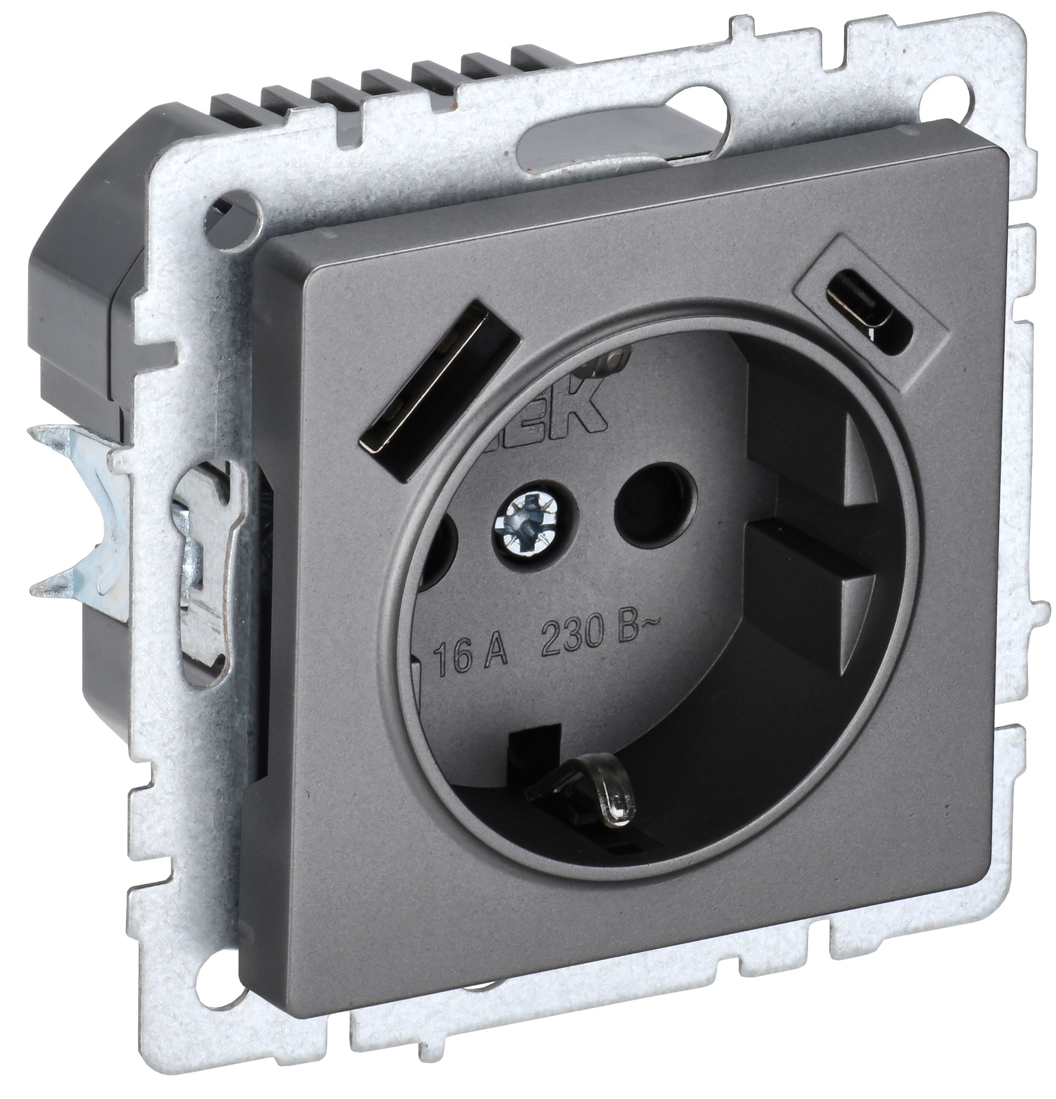 IEK BRITE BASE Сталь Розетка с з/к/ш 16А с USB A+C 18Вт РЮш11-1-БрС фото