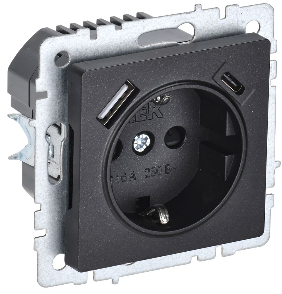 IEK BRITE BASE Черный Розетка с з/к/ш 16А с USB A+C 18Вт РЮш11-1-БрЧ фото
