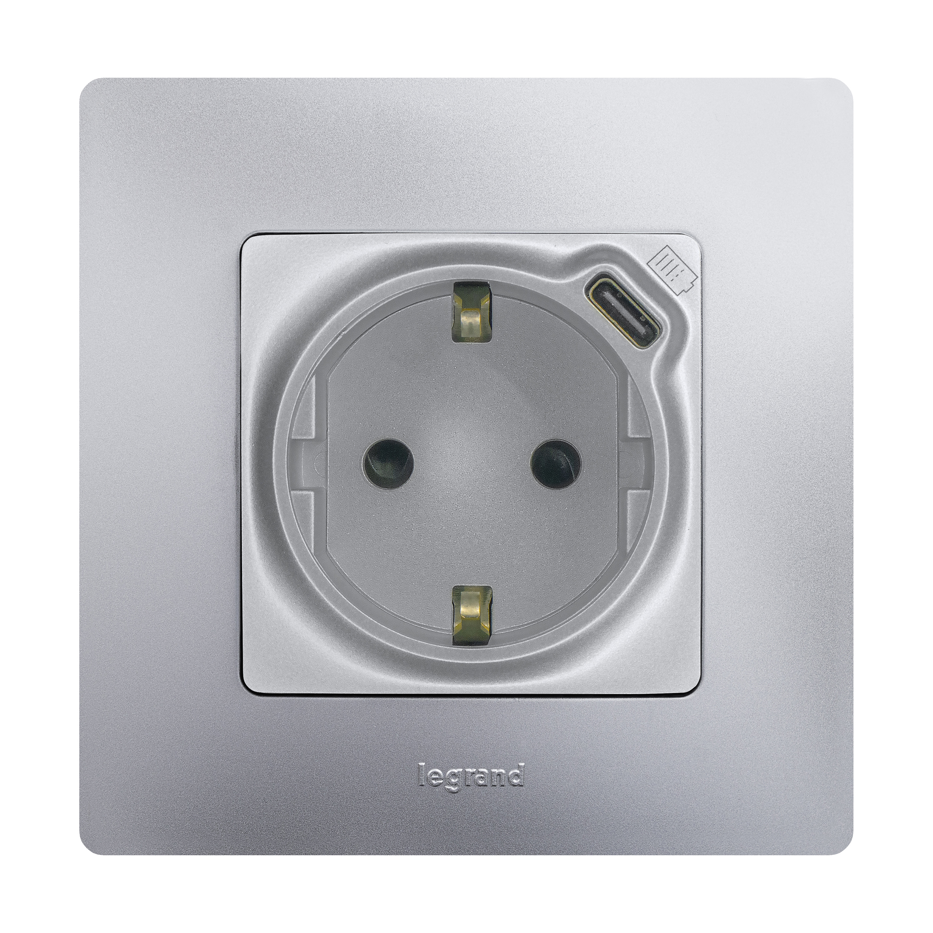 Legrand Etika Алюминий Розетка с/з со шт. 16А 250В с USB тип C 1500мА 7,5Вт безвинтовые зажимы. фото