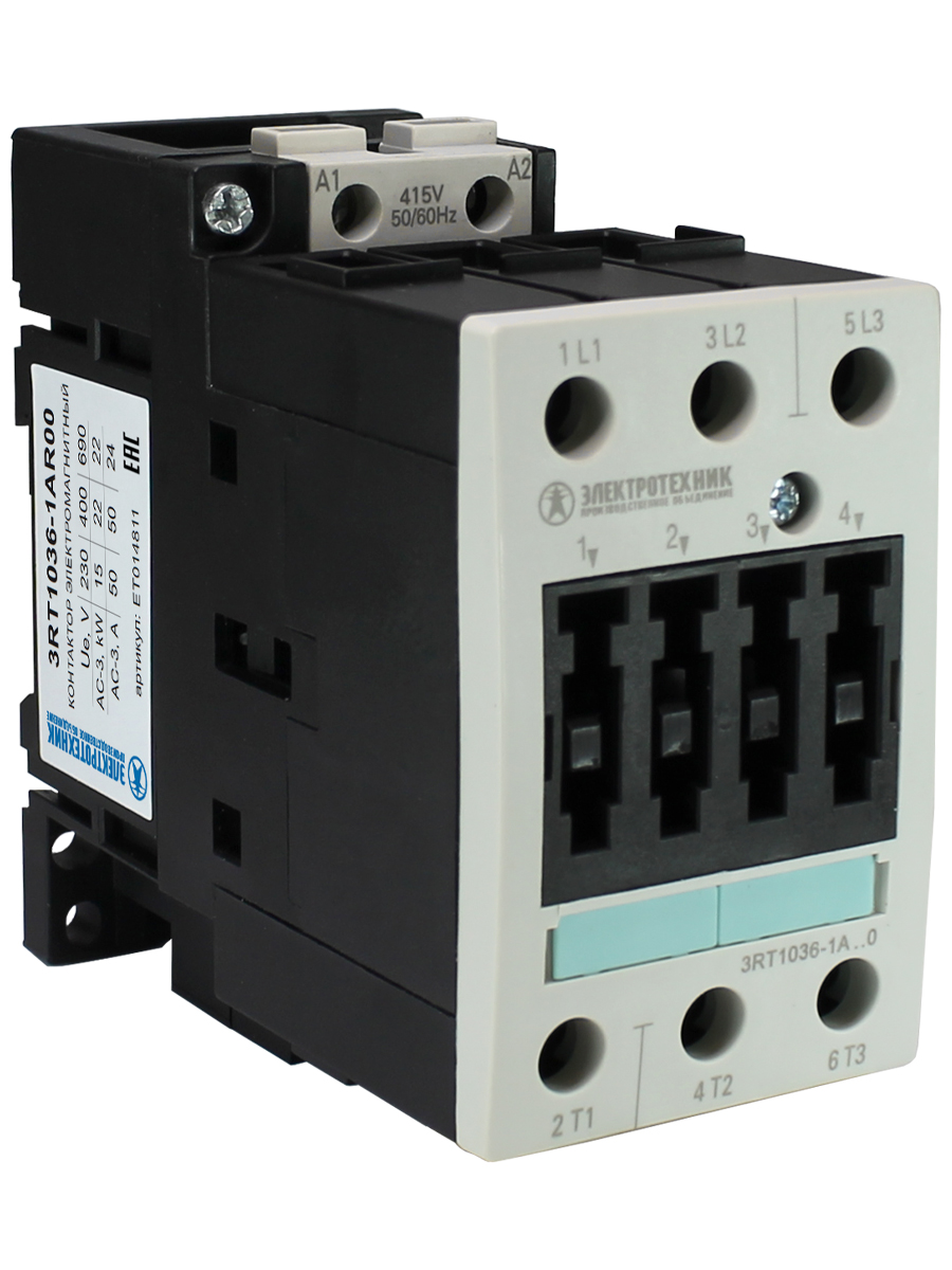 Электротехник 3RT1036-1AR00, 3-пол., 50A, AC-3, 22кВт/400V, 415V AC, 50/60Гц, типоразмер S2, винтовые клеммы, IP20, контактор электромагнитный  (ЭТ) фото