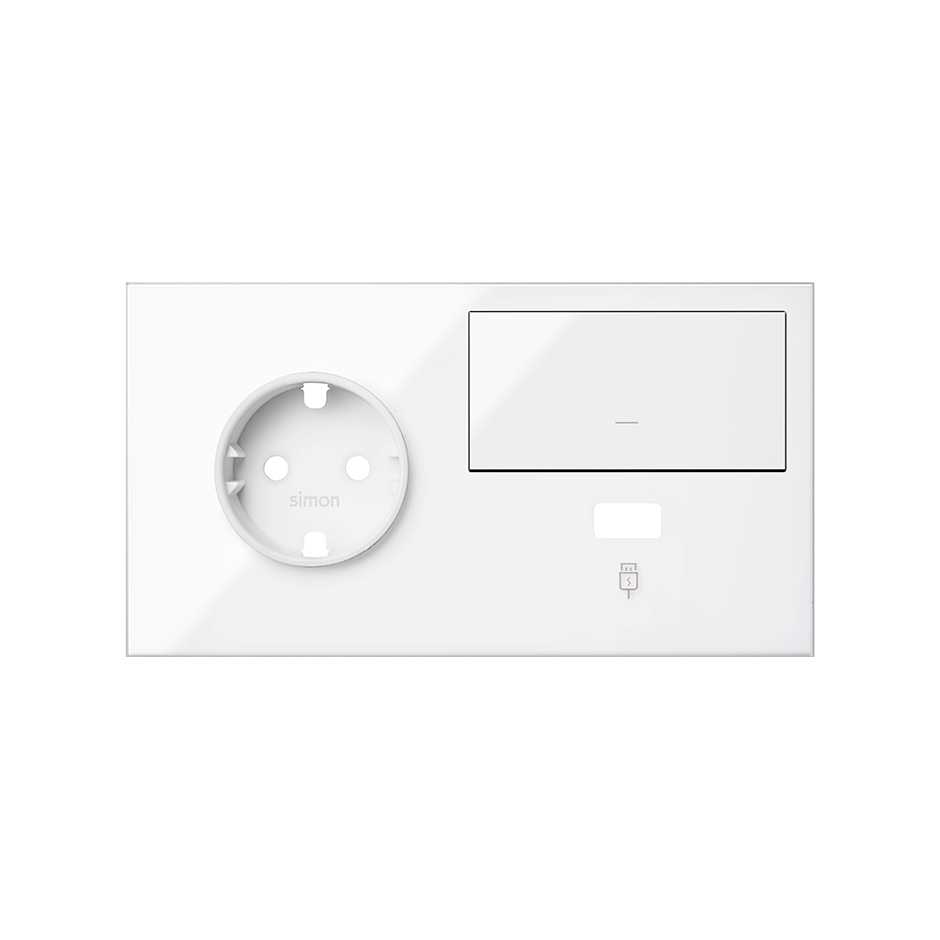 Simon 100 Белый глянец Кит 2 поста, фронт. Накладка на 1 розетку Schuko (слева) + 1 з/у USB SC + 1 клавиша выключателя фото