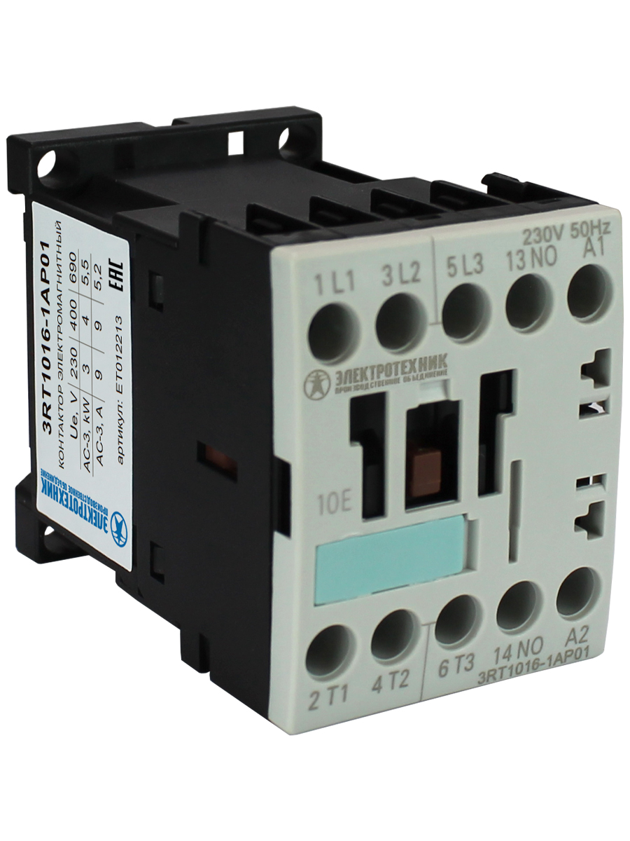 Электротехник 3RT1016-1AP01, 3-пол., 9A, AC-3, 4кВт/400V, 1НО, 230V AC, 50/60Гц, типоразмер S00, винтовые клеммы, IP20, контактор электромагнитный  (Э фото