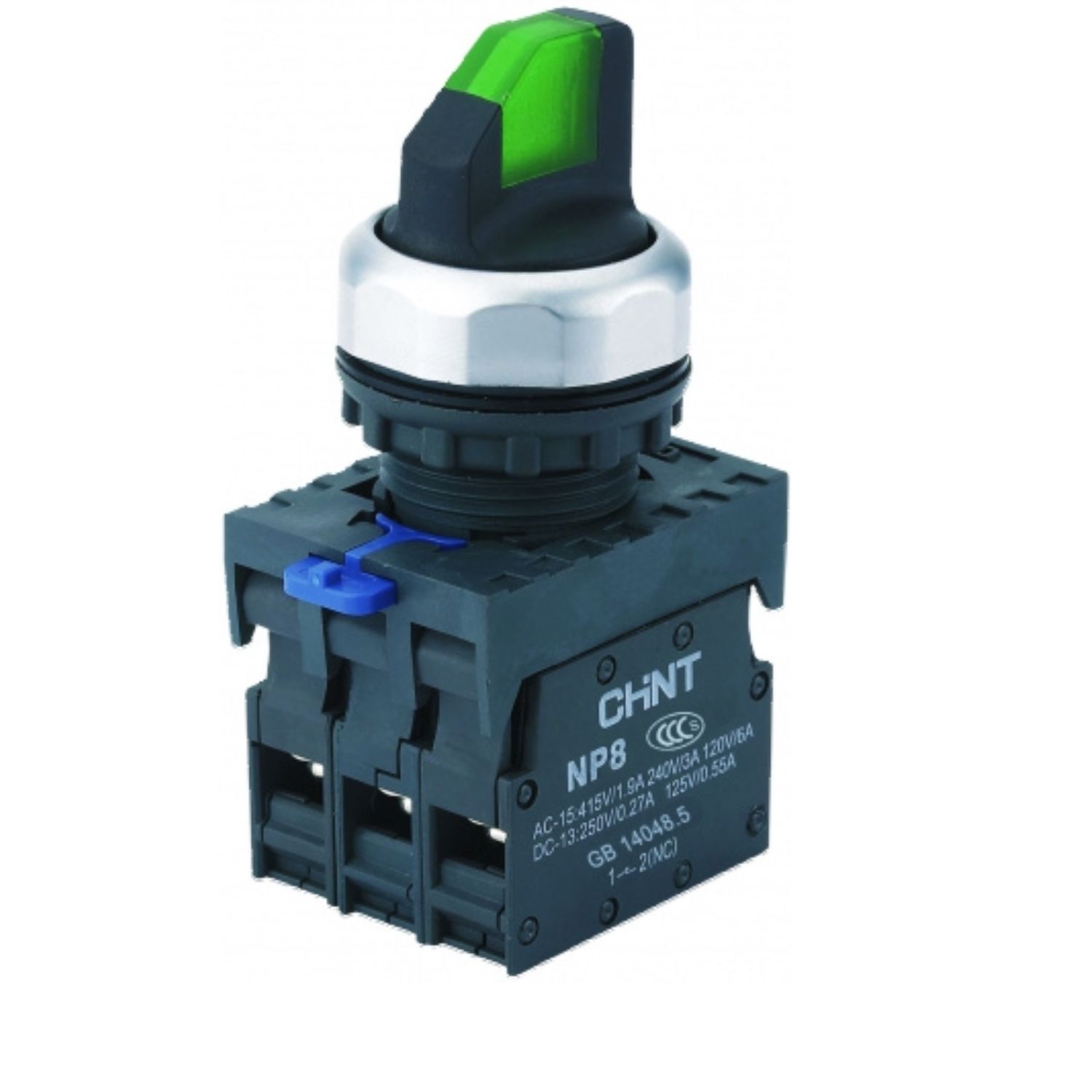 CHINT Переключатель подсвет. NP8-20XD/314, 3 полож. фикс., зелен., AC110-230В(LED), 2НО, IP65 (R) фото
