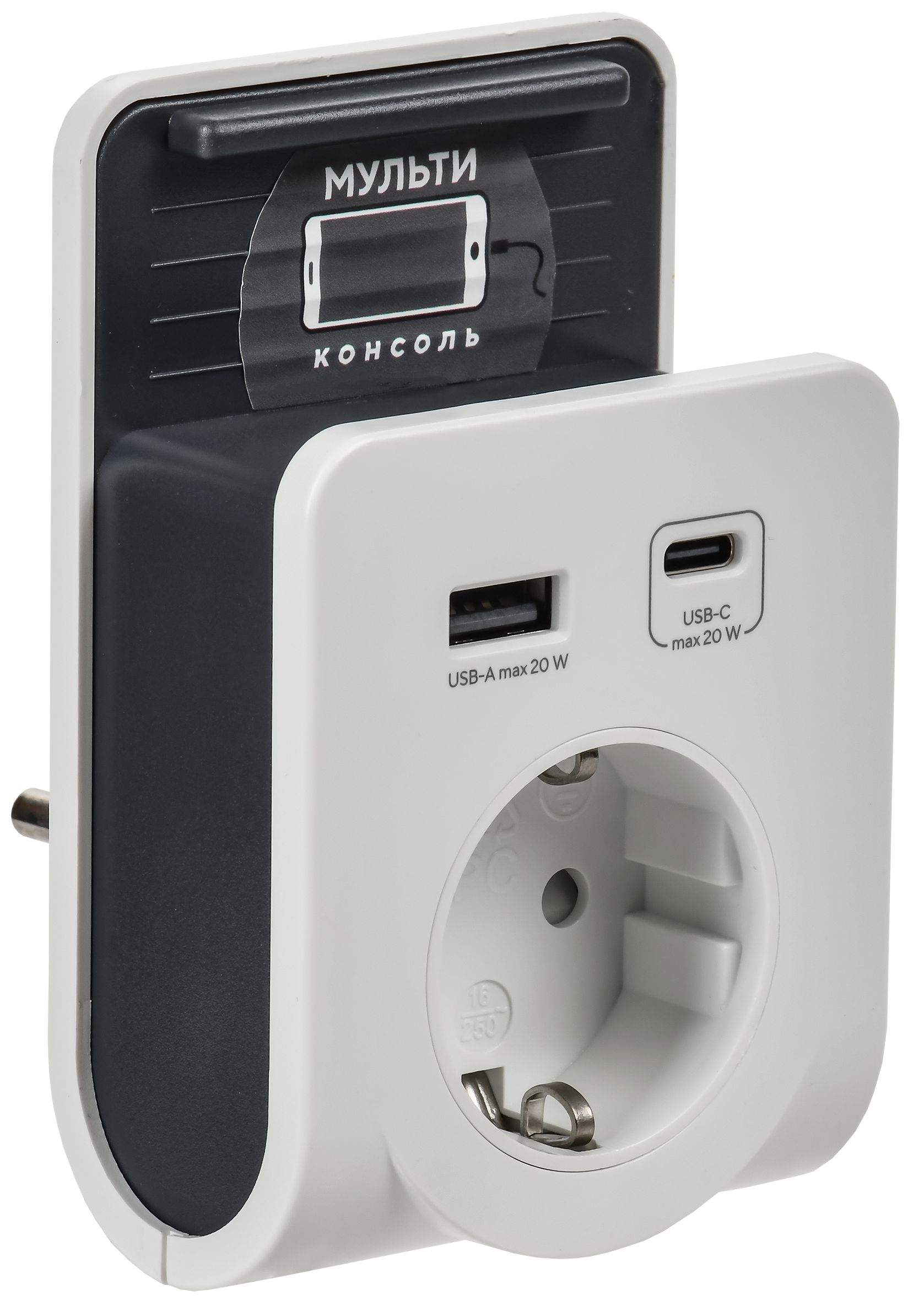 Адаптер Т-03/01 1 место 2P+PE 16А 2хUSB A+C 20Вт бел. IEK фото