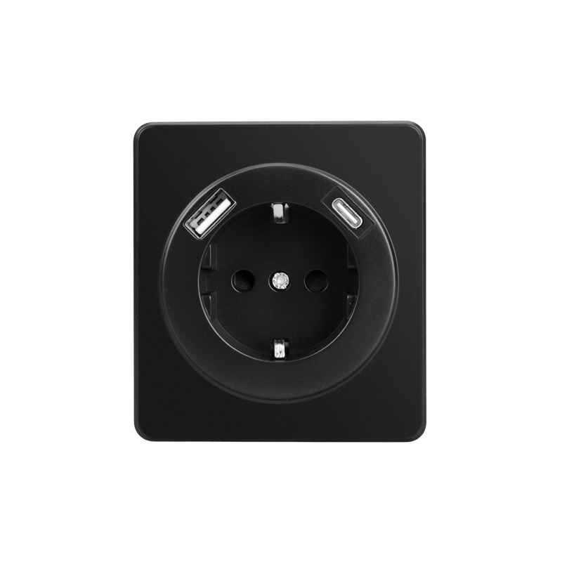 KRANZ ROUND Розетка 1-ая с/з с/у з/ш 16А с USB A+C быстрой зарядки 5В/3А оникс, с 1-пост. рамкой фото