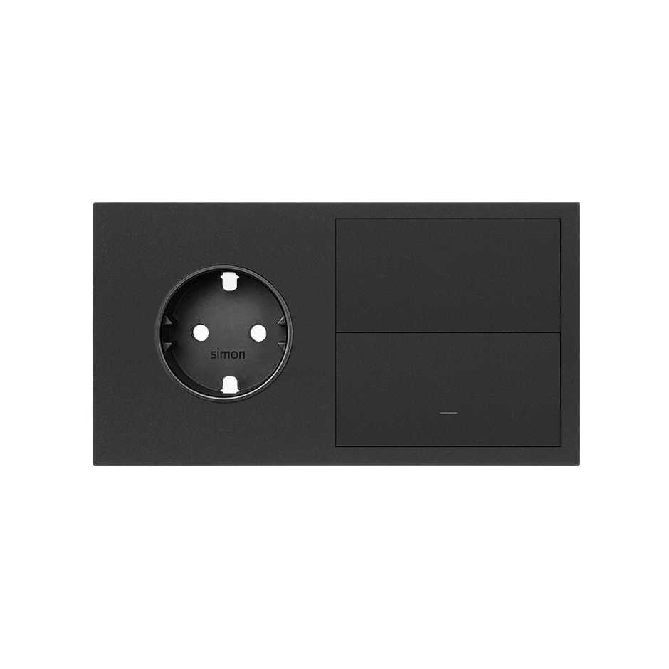 Simon 100 Черный матовый Кит 2 поста, фронт. Накладка на 1 розетку Schuko + 1 клавиша выключателя + 1 заглушка фото