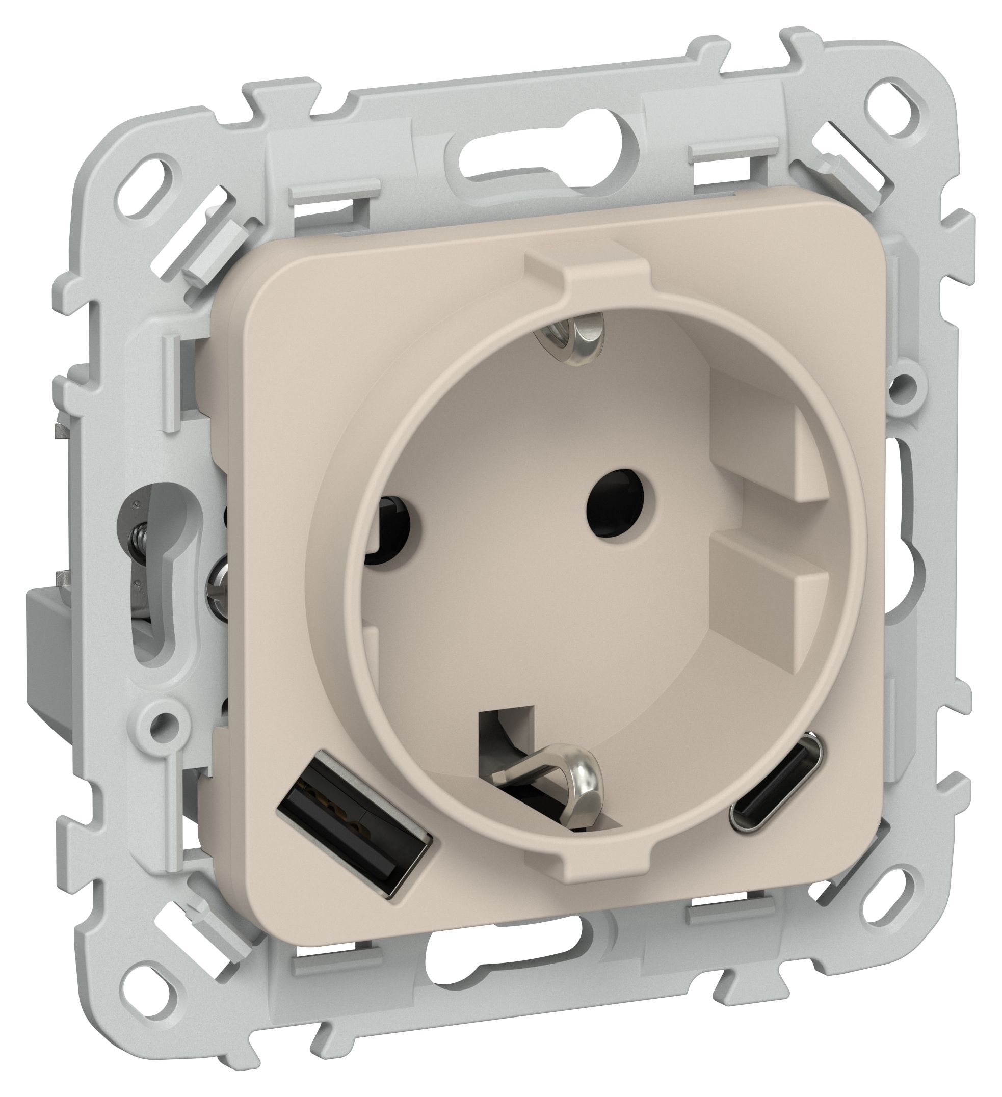 IEK FLITE Льняной Розетка 1-местная с заземлением с защитными шторками 16А с USB A+C 20Вт безвинтовое крепление фото