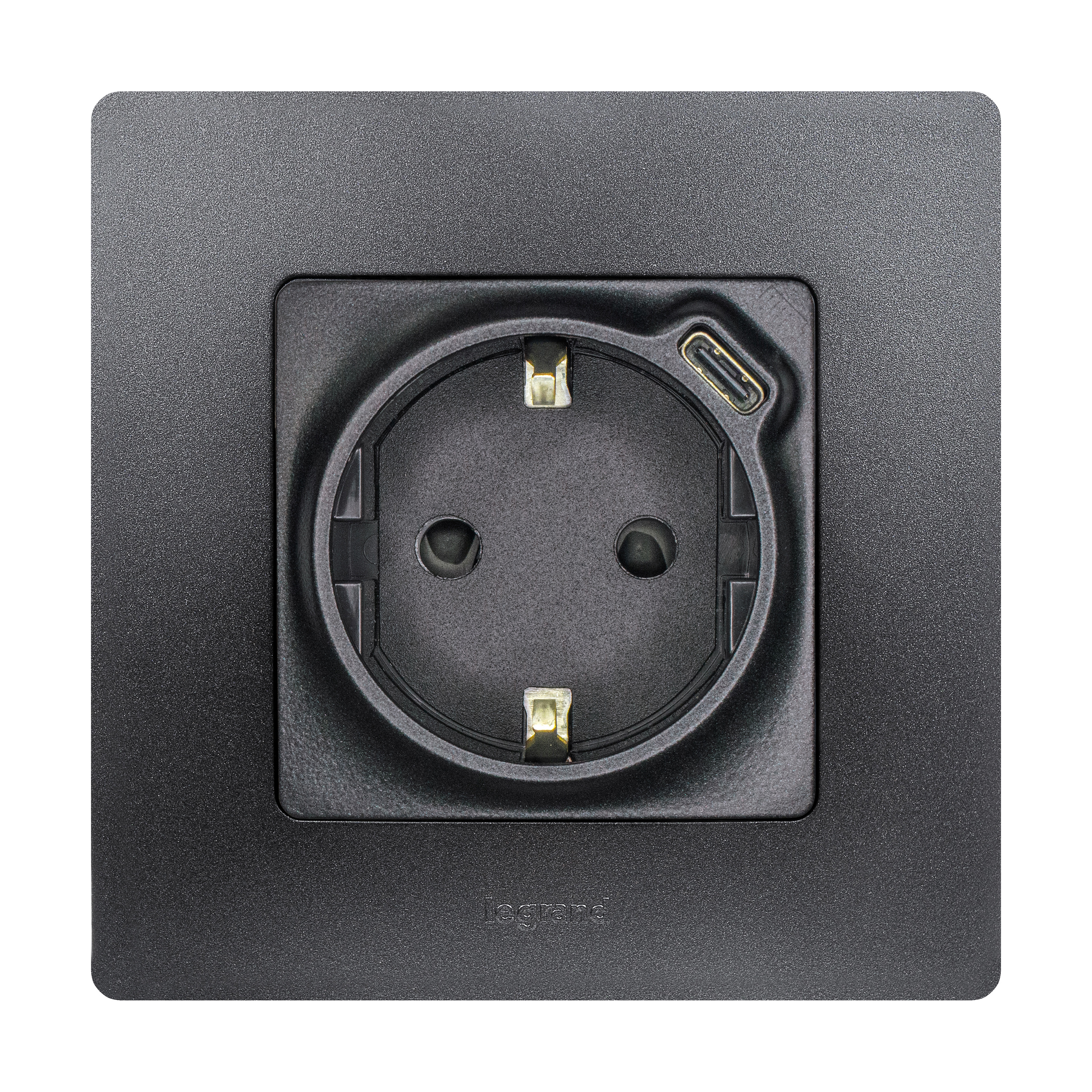 Legrand Etika Антрацит Розетка с/з со шт. 16А 250В с USB тип C 1500мА 7,5Вт безвинтовые зажимы. фото