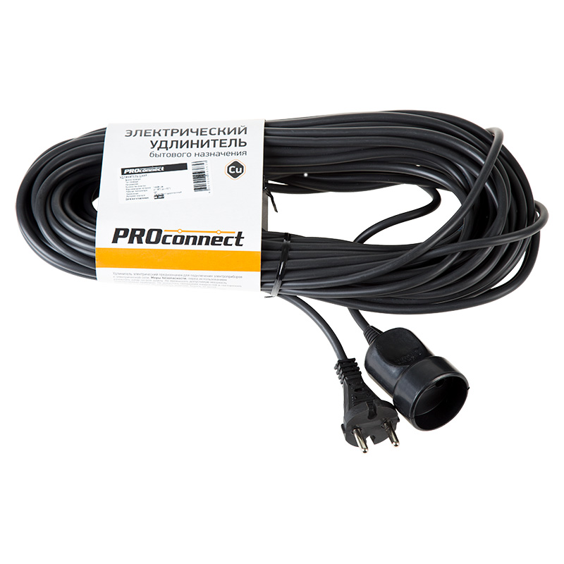 PROconnect Удлинитель-шнур ПВС 2х0.75, 20 м, б/з, 6 А, 1300 Вт, IP20, черный (Сделано в России) фото