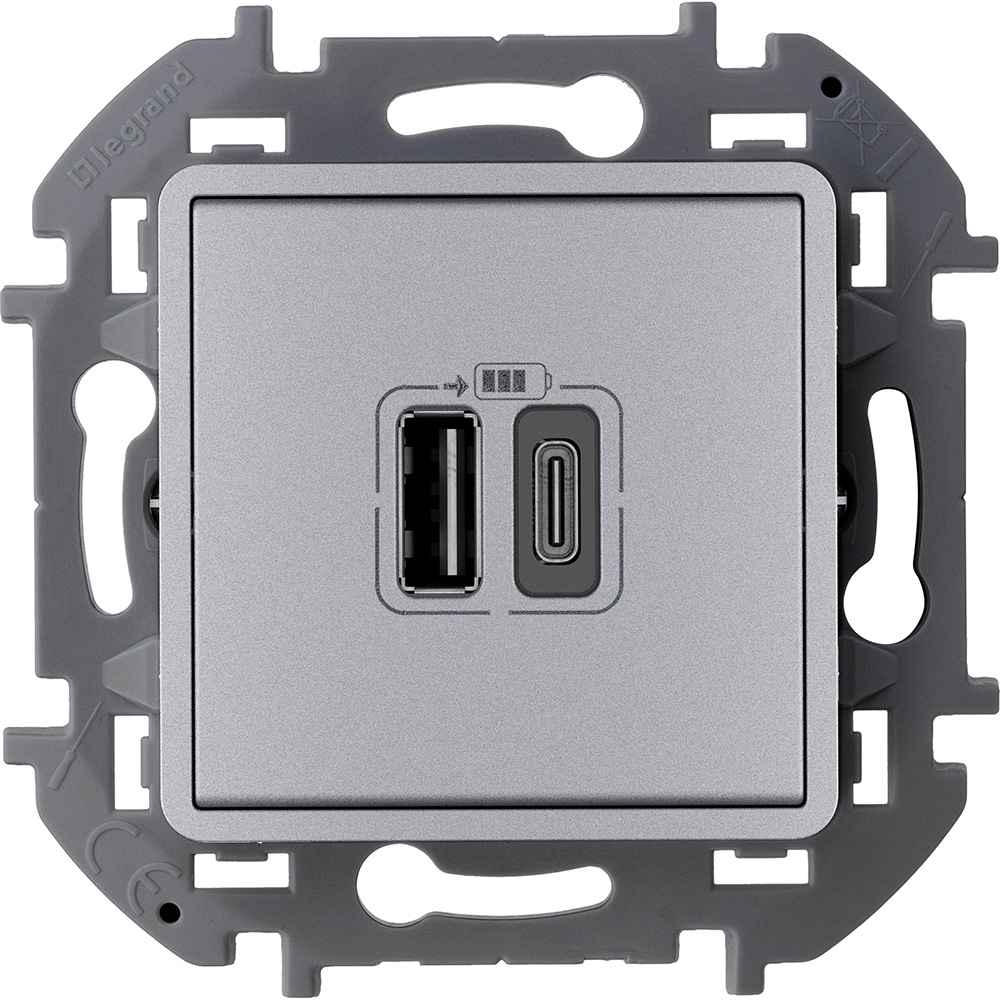 Legrand/Daccord INSPIRIA Алюминий Зарядное устройство с двумя USB-разьемами A-C 240В/5В 3000мА. фото