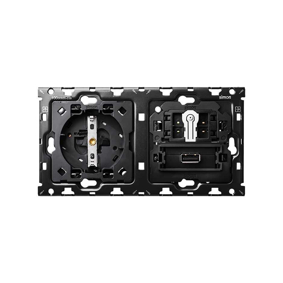 Simon 100 Кит 2 поста механизм 1 розетка Schuko + 1 з/у USB SC 2.1A + 1 перекрестный выключатель + суппорт фото