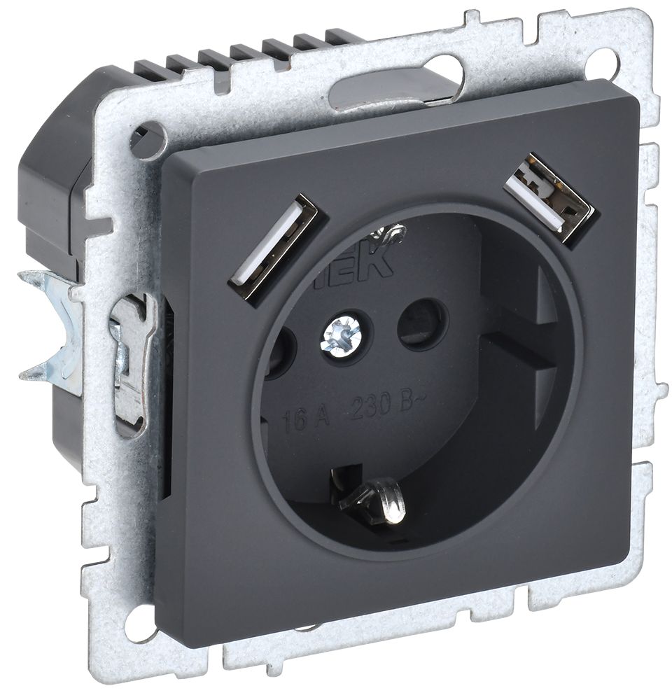 IEK BRITE BASE Графит Розетка с з/к/ш 16А с USB A+A 2,1А РЮш10-1-БрГ графит фото